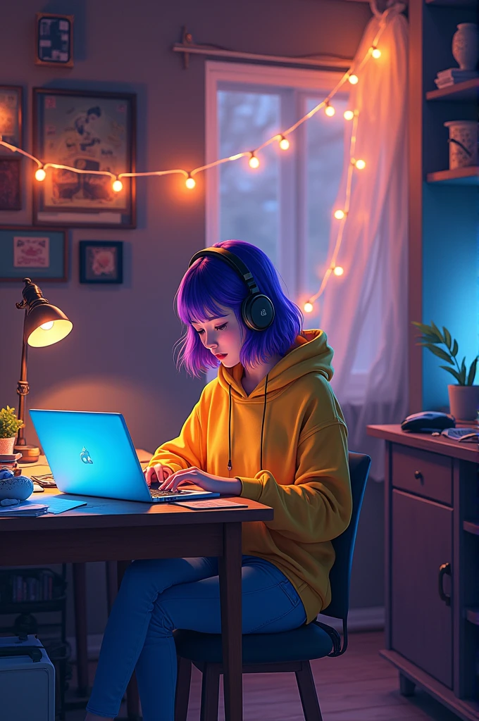 8k photo portrait of a sitting Asian with violet hair in a yellow hoodie wearing headphones, working on a laptop, sitting in front of table in her cozy messy big room with lots of string lights at night, Highly Detailed, studio ghibli, akira toriyama, james gilleard, genshin impact, trending pixiv fanbox, acrylic palette knife, 4k, vibrant colors, zoom out