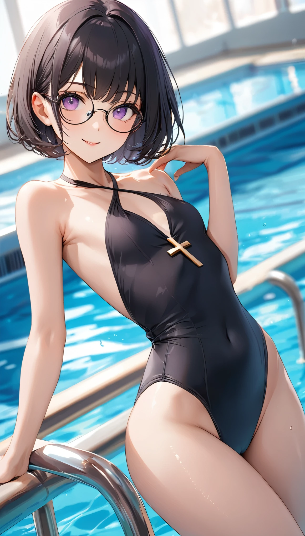 Highest quality、Best image quality、masterpiece、独奏, a girl、Beautiful Eyes、black hair, purple eyes、Short bob cut、(sideburns), middle part, (flat chest)、slender、Tight waist、Round Glasses、Beautiful Face、Natural smile、red cheek、cross halter, At the school pool、sexy pose, bewitching pose, Model Pose, dynamic angle