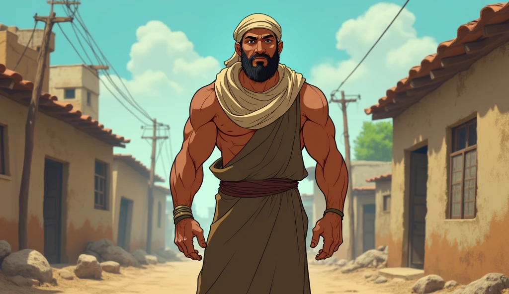 Animated image of a young poor Muslim man with a tall and big body
