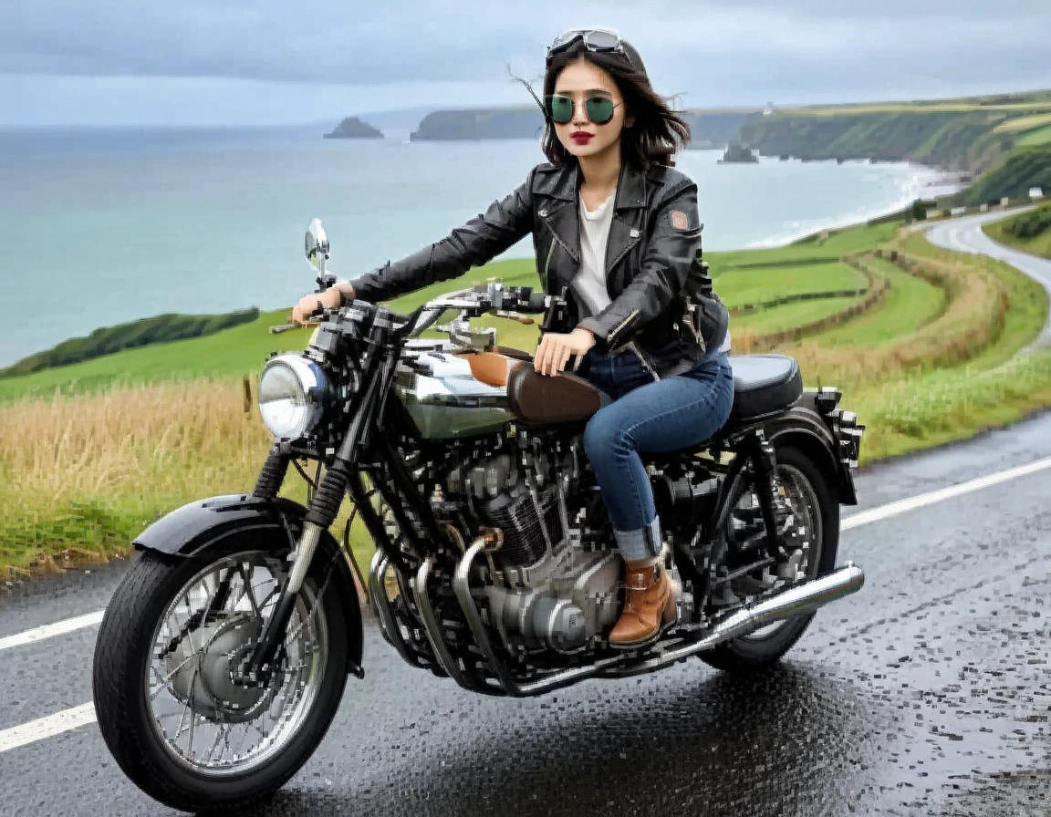 (クラシックRiding on motorcycle )、(Vintage Bikes、Bluff Superior SS100)、(Accurate bike shape)、Photograph the entire bike、(The balance between people and bike size is our number one priority:1.2)、 (Riding on motorcycle:1.2), Beautiful young woman、1、Beautiful Face, Beautiful and delicate eyes, Black Hair, Short Bob Hair, Classic Leather Jacket、With goggles、After the Rain、English countryside、 Coastal road with ocean view、Detailed Description、(Highest quality, masterpiece, High resolution)、8k、wallpaper