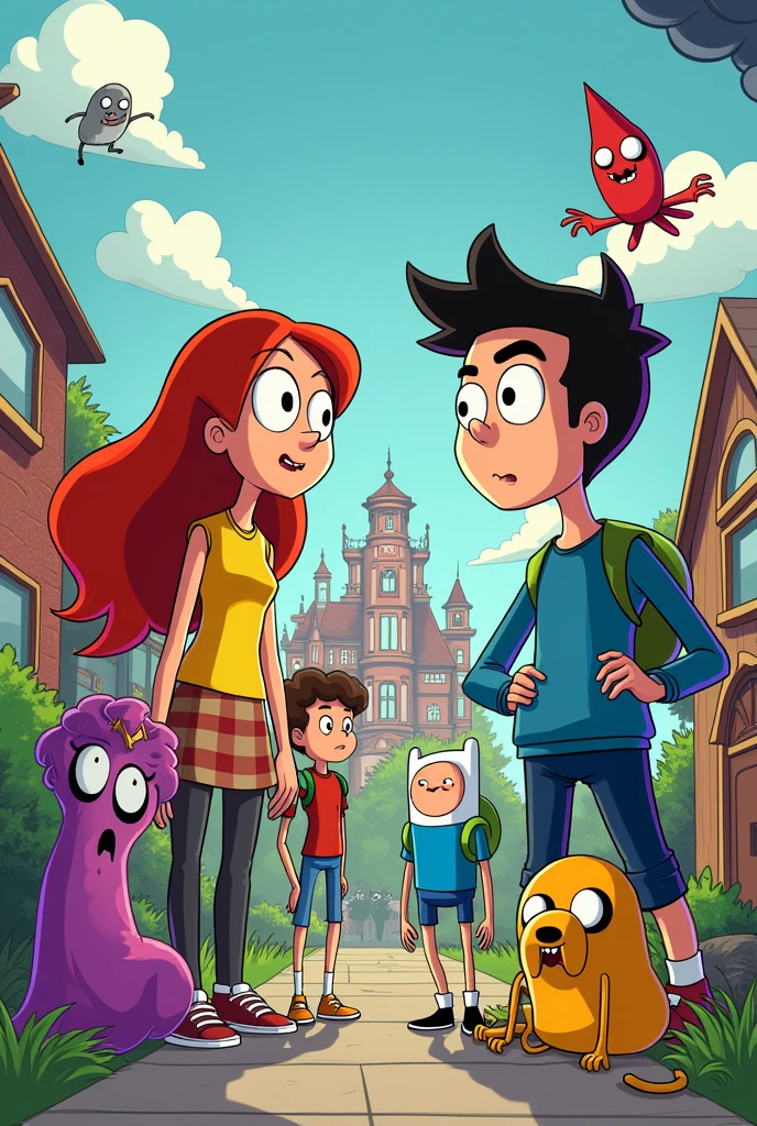 create a drawing of cartoon characters from phineas and ferb, candace flynn, perry the platypus, dr. doofenshmirtz with adventure time characters (flynn the human, jake the dog, princess bubblegum, marceline the vampire queen