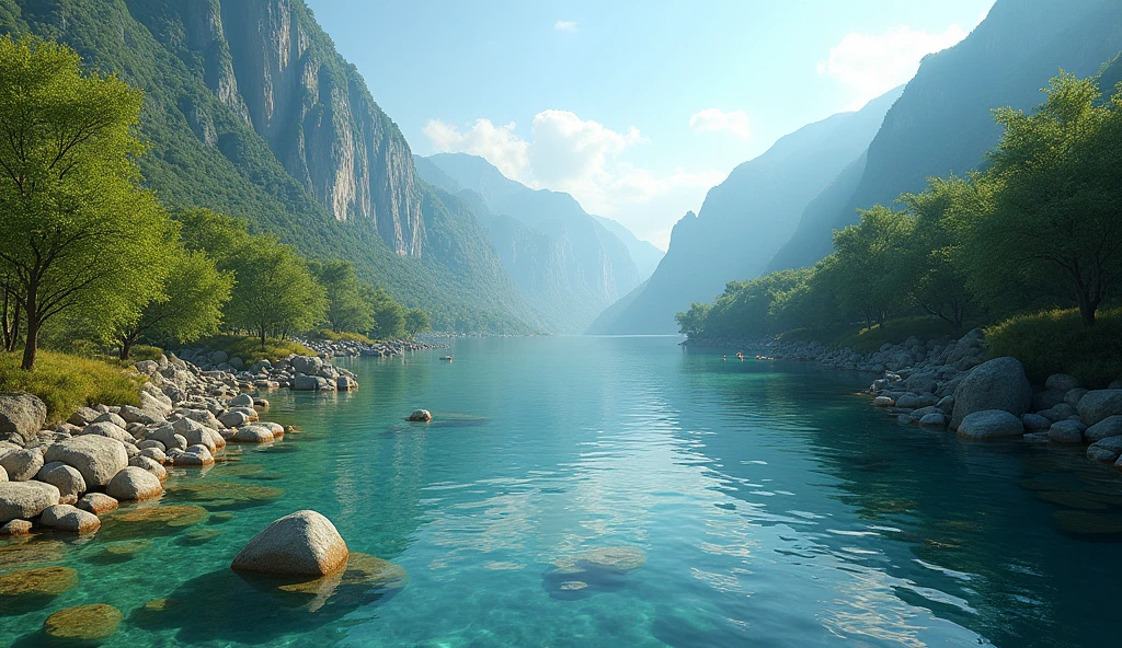 Panoramic front view，Water flows leftwards into the sea between the high mountains covered with laurel trees，There is a lot of amber in the water（best quality，4K，8k，High level，masterpiece：1.2），Ultra Detailed，（lifelike，Photo real，Photo real：1.37）