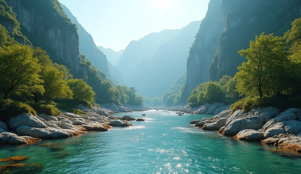 Panoramic front view,Water flows leftwards into the sea between the high mountains covered with laurel trees,There is a lot of amber in the water(best quality,4K,8k,High level,masterpiece:1.2),Ultra Detailed,(lifelike,Photo real,Photo real:1.37)