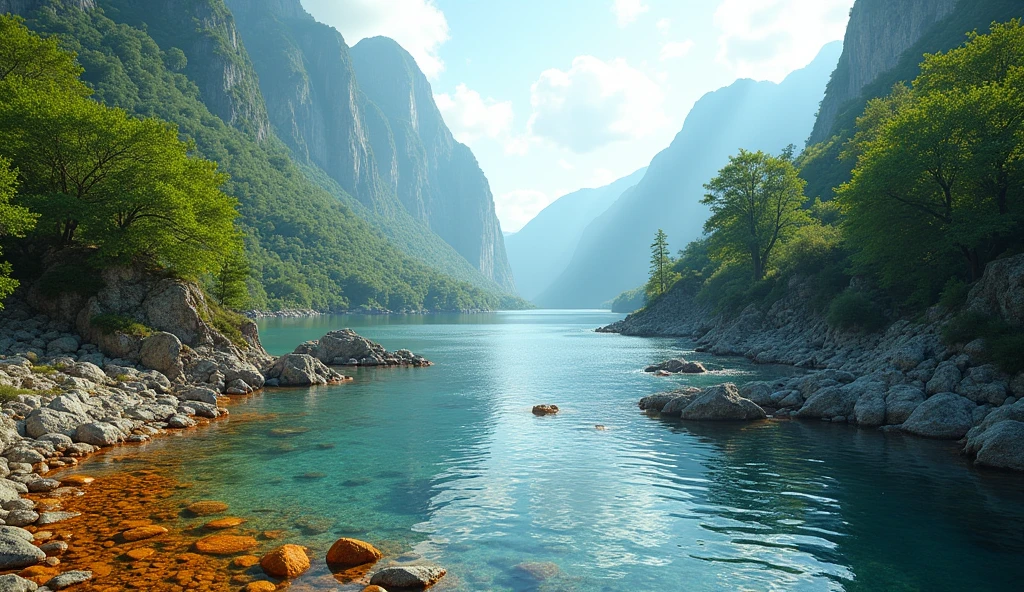 Panoramic front view，Water flows leftwards into the sea between the high mountains covered with laurel trees，There is a lot of amber in the water（best quality，4K，8k，High level，masterpiece：1.2），Ultra Detailed，（lifelike，Photo real，Photo real：1.37）