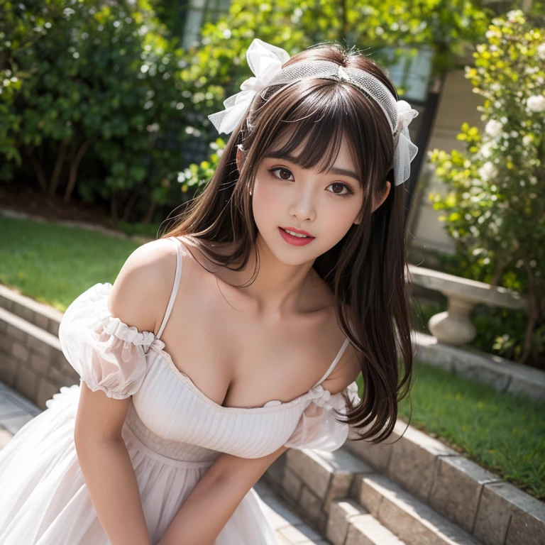 laughing out loud,travel scenery photos,outdoors,Put on a fluffy dress,mesh dress,puffy dress,肩上有Puff sleeves,Puff sleeves,公主Puff sleeves,Puff sleeves蓋住肩膀,Puff sleeves cover shoulders,Short sleeve,A-line dress,T, Fluffy and lightweight dress,(The dress is made of mesh), There are pink ribbon bows on both sides of the collarbone.,High hem A-line skirt,1 female, On the face, light brown hair, blunt bangs, hair behind ears, Shoulder length hair, long hair, Slender body type, 超face slimming型, face slimming, delicate lips, beautiful eyes, Thin blush, Eyes are light brown,Check it out here, (actual:1.3), One person's perspective, 8k, Super detailed, high quality, best quality, High resolution,2,above knee shot,Breast protrusion,plump breasts, Breasts in clothes,Clothing covers the breasts