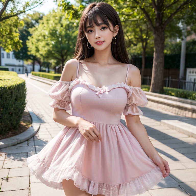 laughing out loud，travel scenery photos，outdoors，Put on a fluffy dress，mesh dress，puffy dress，肩上有Puff sleeves，Puff sleeves，公主Puff sleeves，Puff sleeves蓋住肩膀，Puff sleeves cover shoulders，Short sleeve，A-line dress，T, Fluffy and lightweight dress，（The dress is made of mesh）, There are pink ribbon bows on both sides of the collarbone.，High hem A-line skirt，1 female, On the face, light brown hair, blunt bangs, hair behind ears, Shoulder length hair, long hair, Slender body type, 超face slimming型, face slimming, delicate lips, beautiful eyes, Thin blush, Eyes are light brown,Check it out here, (actual:1.3), One person's perspective, 8k, Super detailed, high quality, best quality, High resolution，2,above knee shot，Breast protrusion，plump breasts, Breasts in clothes，Clothing covers the breasts