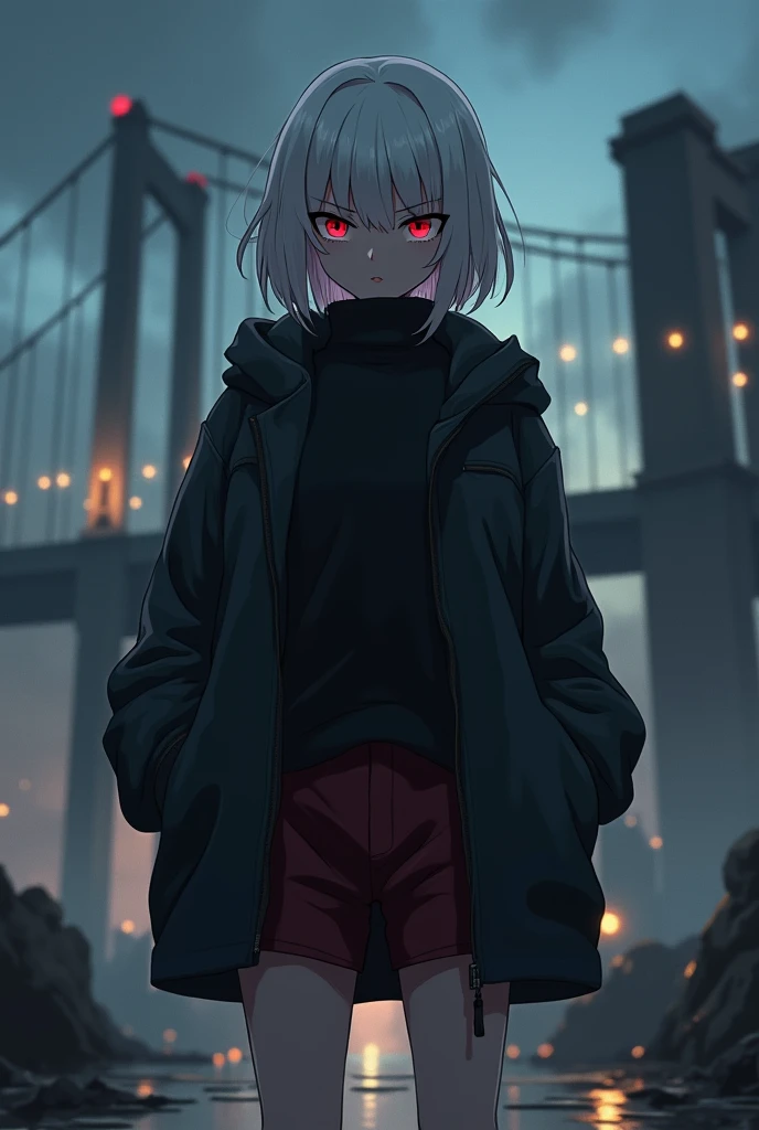 The image is anime style cowboy bebop and Darker than black with shadows and dim lights, anime style although somewhat adult and dark, It shows an albino woman with red eyes., very serious, who wears a thick black sweater and small dark red shorts. He has his hands in the pockets of his jacket.. is beautiful, is stopped, you can see his feet descalzos. Behind her, You see a huge city with a huge bridge that goes to the sky. stop, you can see his feet. short hair.