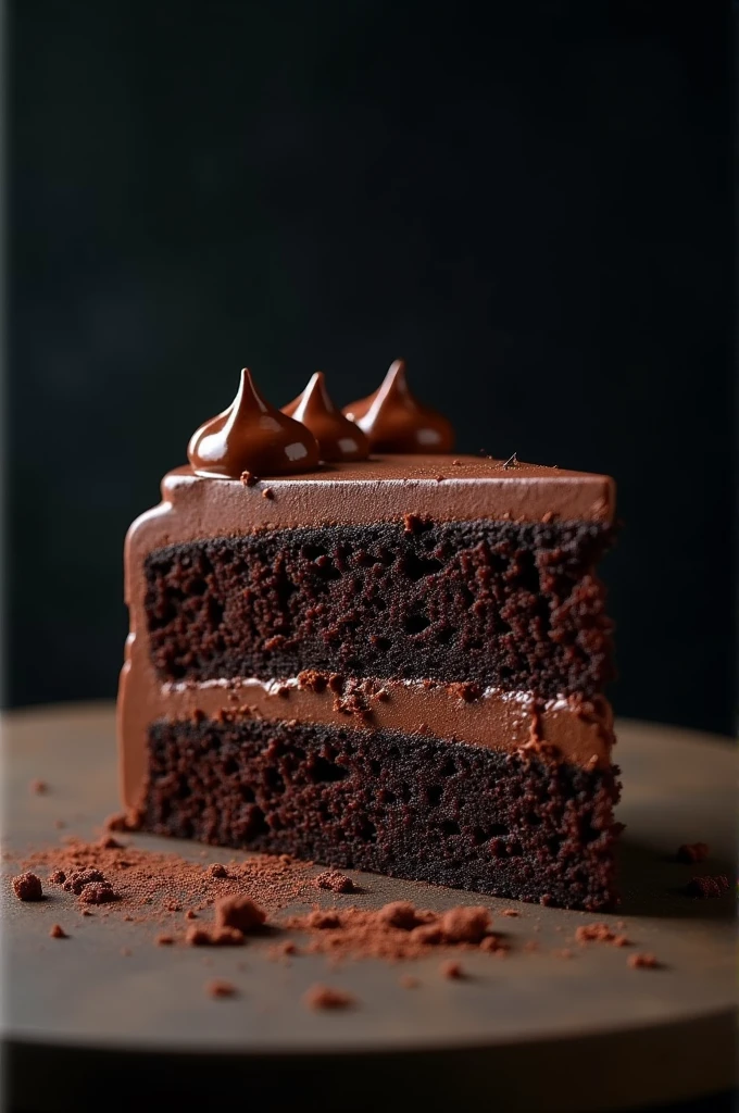 cinematic film still chocolate, chocolate cake, dark background, quality photo, moist texture, frosting, studio photo, slice . shallow depth of field, vignette, highly detailed, high budget, bokeh, cinemascope, moody, epic, gorgeous, film grain, grainy