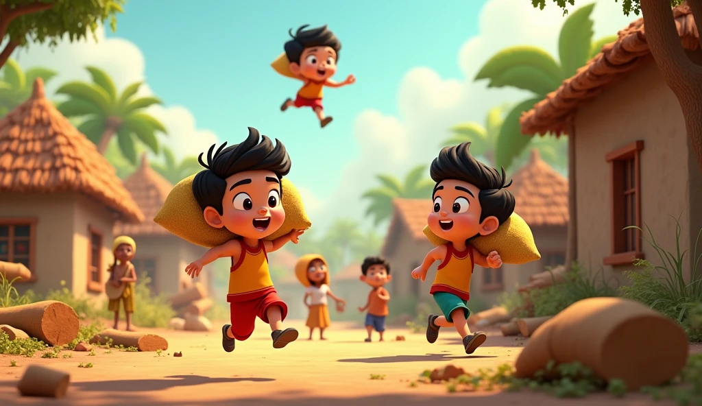 3D Animation Cartoon"Rohaan and his friends use their powers to help villagers in various ways. One child runs rapidly, carrying heavy sacks of grain from one end of the village to the other. Another lifts large fallen tree branches, while Rohaan flies overhead, observing and guiding his friends. Villagers, standing nearby, look on in amazement, their faces filled with gratitude. The scene is bustling with activity, as the children use their powers to fix broken homes, carry supplies, and clear debris. The lighting is bright and warm, conveying a sense of teamwork and community as everyone works together to restore the village"