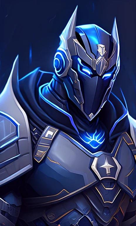 Mainly dark blue and black, a digitally animated illustration of a giant wearing a black mask and dark blue details. He wears closed armor with gray detailing visible throughout. Mecha style, villain style, mecha magic power, prime number power.