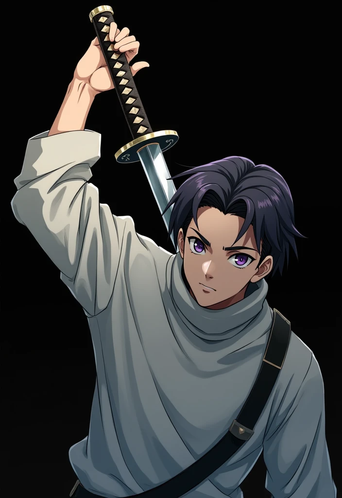 anime style, 16K, a high resolution, Best quality, high quality, super detailing, high detail, accurate, masterpiece, uhd, 1male, teenager boy, violet pupils, wide white turtleneck, short violet hair, slicked back hair, deadly calm look, black and violet katana on back, look at the viewer, pouches under the eyes