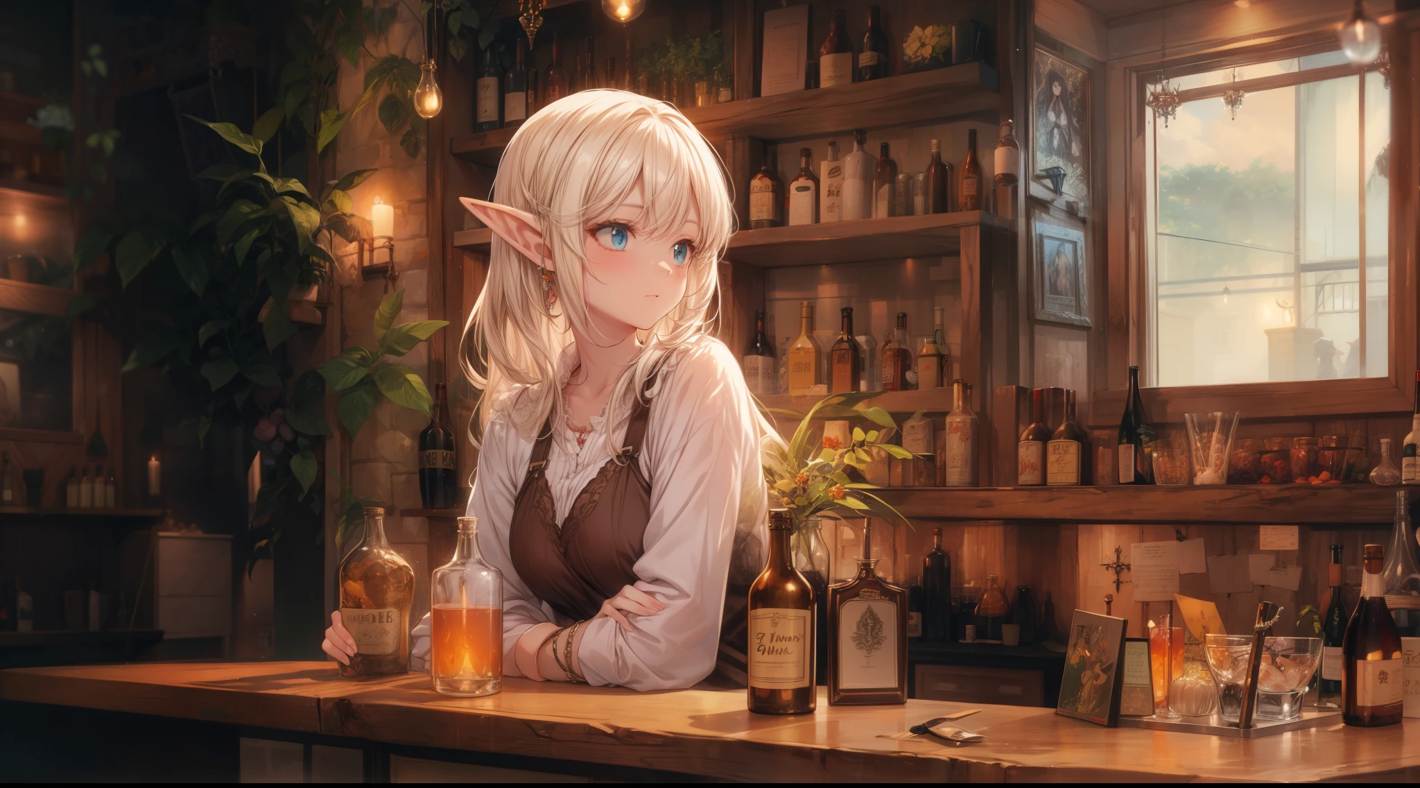A cozy, stone-built elven bar with an elegant elf bartender preparing a drink for a customer, depicted in an anime style. The elf has delicate features, long flowing hair, and pointed ears. The bar is warmly lit by candlelight, with vintage bottles and glasses lining the wooden counter. The atmosphere is serene and inviting, perfect for a calm evening. The anime style adds a touch of fantasy and whimsy, capturing the magical and mystical nature of the elven world.