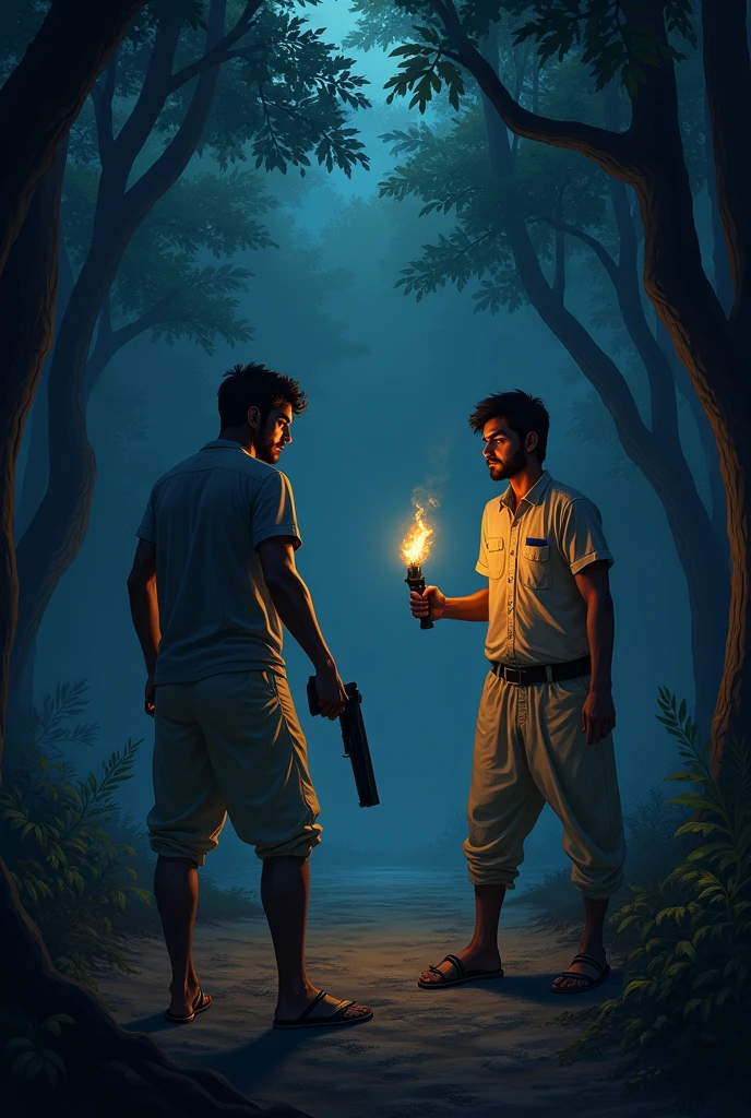 A forest with two persons at night one man holding a gun. One person is holding a torch .both of them are focusing to shoot something.both of them wore a lungi and an casual shirts . One person in fat and tall the other one is lean and short