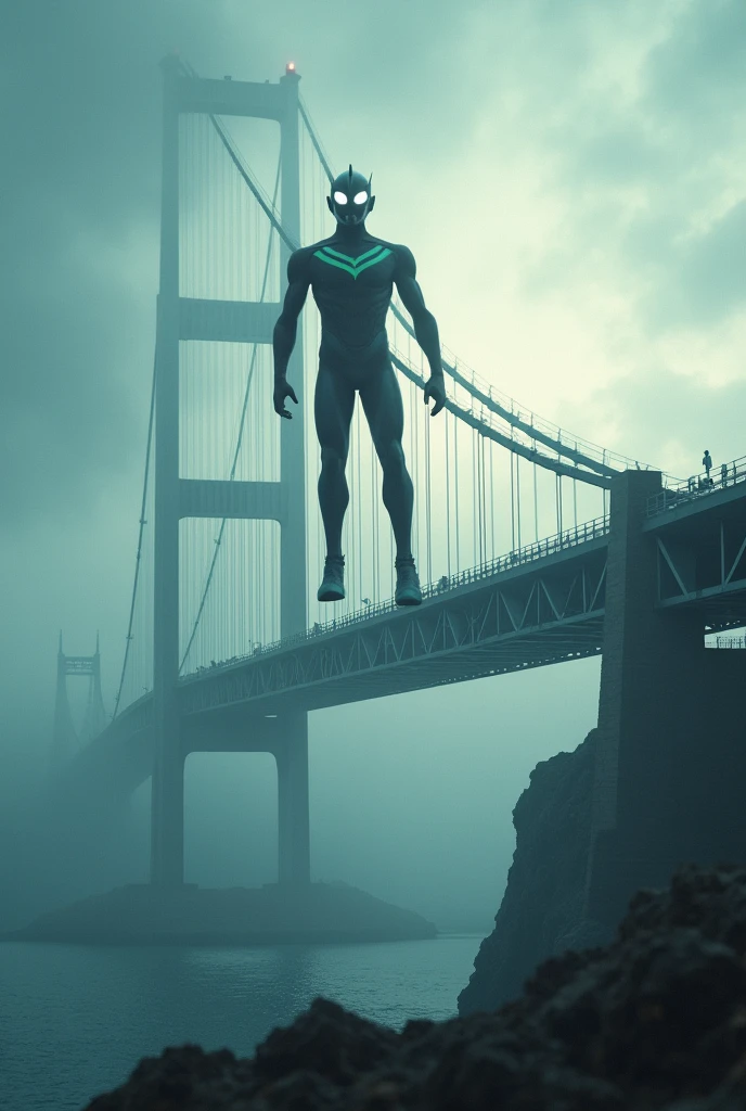 a dramatic scene of the iconic highway oresund bridge Malaysia, viewed from the road, with ultraman hovering over the structure, (best quality,4k,8k,highres,masterpiece:1.2),ultra-detailed,(realistic,photorealistic,photo-realistic:1.37),dramatic lighting,cinematic composition,epic scale,mist,dramatic sky,azure water,dramatic clouds,detailed architecture,metallic bridge,ultraman flying,ultraman floating,ultraman silhouette,ultraman pose,ultraman details,ultraman energy,ultraman power