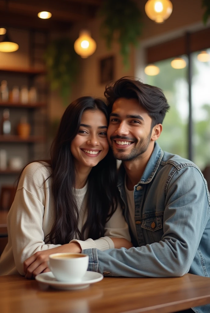 A 2 single indian girl with long hair,seating on table in a restaurant with the same age of her boyfriend with medium long hair and boy taking selfie. Generate a portrait image