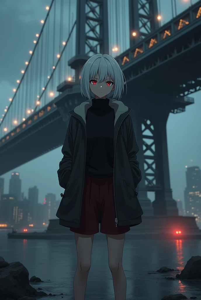The image is anime style cowboy bebop and Darker than black with shadows and dim lights, anime style although somewhat adult and dark, It shows an albino woman with red eyes., very serious, who wears a thick black sweater and small dark red shorts. He has his hands in the pockets of his jacket.. is beautiful, is stopped, you can see his feet descalzos. Behind her, You see a huge city with a huge bridge that goes to the sky. stop, you can see his feet. short hair.