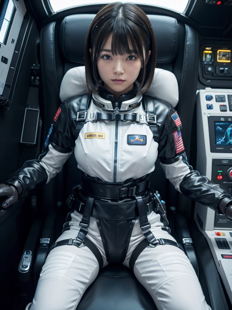 masterpiece, Highest quality, Very detailed, Japanese Android girl, Beautiful Japanese Women, Plump,Control panel,Android,cyborg,Blunt bangs,sitting in the cockpit of a spaceship,astronaut,He is attached to the back of a chair by a metal harness.,Both hands are strapped to the arms of a chair,Both feet are strapped to the legs of a chair,