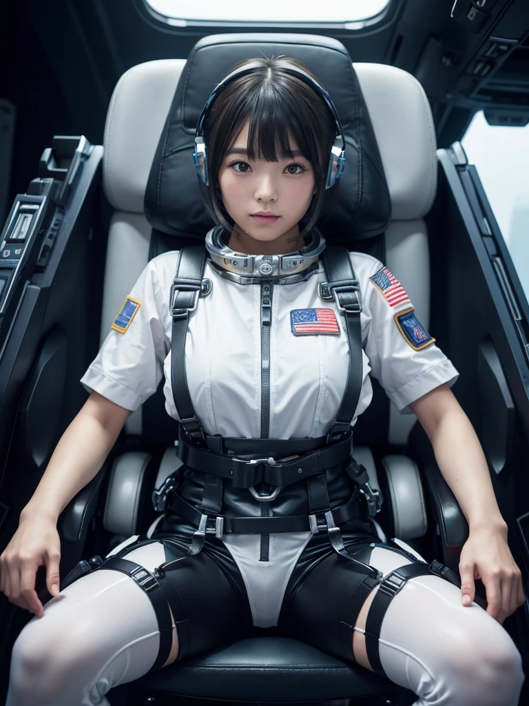 masterpiece, Highest quality, Very detailed, Japanese Android girl, Beautiful Japanese Women, Plump,Control panel,Android,cyborg,Blunt bangs,sitting in the cockpit of a spaceship,astronaut,He is attached to the back of a chair by a metal harness.,Both hands are strapped to the arms of a chair,Both feet are strapped to the legs of a chair,