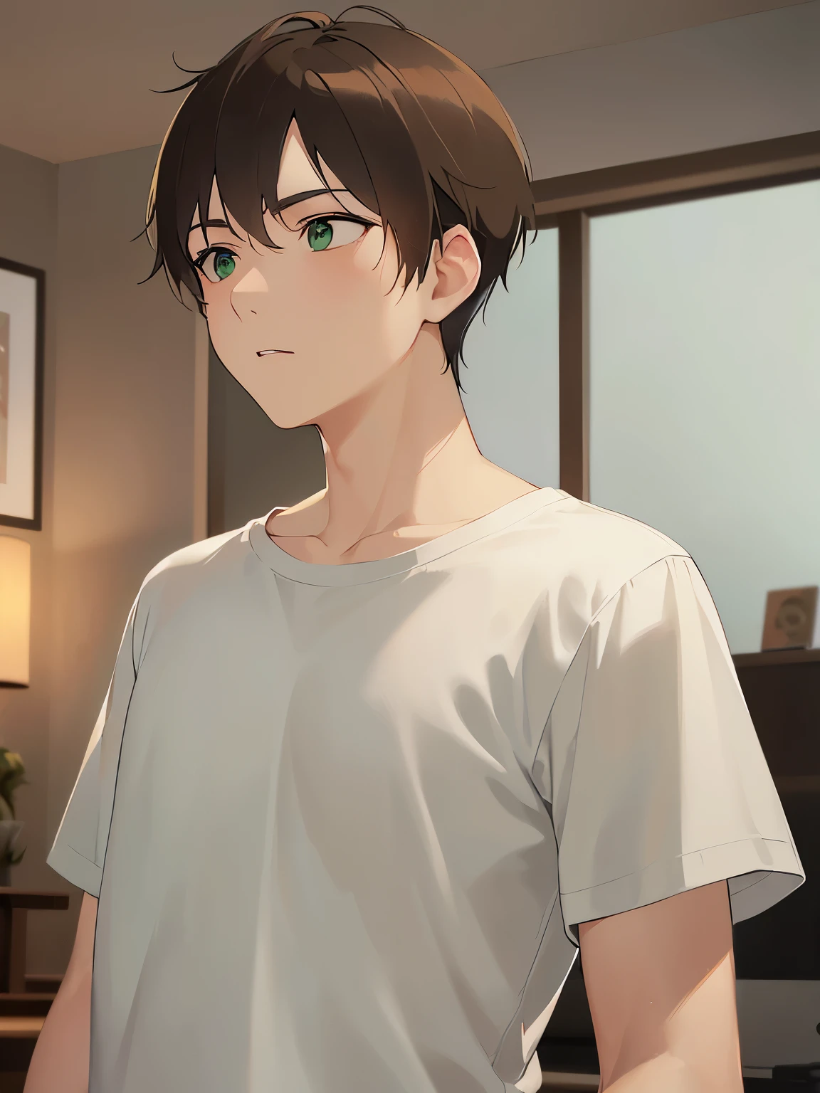 side angle, (looking away:1.5), upper body、masterpiece、Highest quality、(2 male:1.5) and (Brown short hair) and (Green Eyes), (White T-shirt)、confused、The background is the living room at night、alone、Are standing