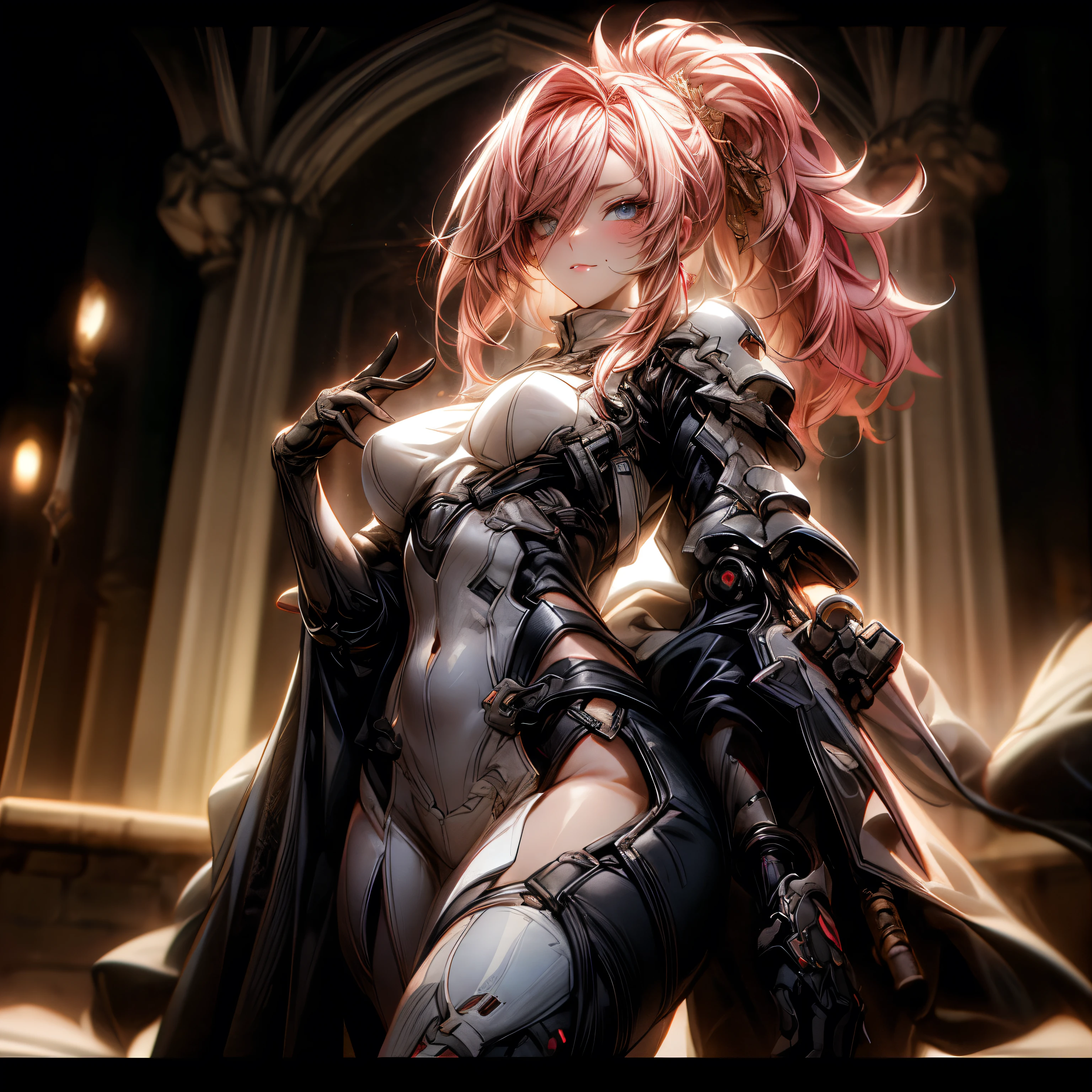(best quality)), ((Masterpiece)), (details:1.4), 3d, HDR (high dynamic range), an image of a beautiful cyberpunk female, fantasy, Cyberpunk, Medieval, pink hair, Highi ponytail, Hips up, Beautiful white eyes, จมูกโด่ง, ปากแดง, หน้าอกใหญ่, nvidia RTX, PBR surface, After processing, Anisotropic filtration,depth of field, Maximum clarity and clarity, multi-layered surface, Subsurface scattering, perfect proportions, 8K raw files, ultra detailed, Perfect proportions, volumetric lighting, soft lighting, Holy Paladin, Light Armor, glossy skin, intricate silver embroidery, Castle background, jewely, ต่างหู, นิ้วมือสมบูรณ์,