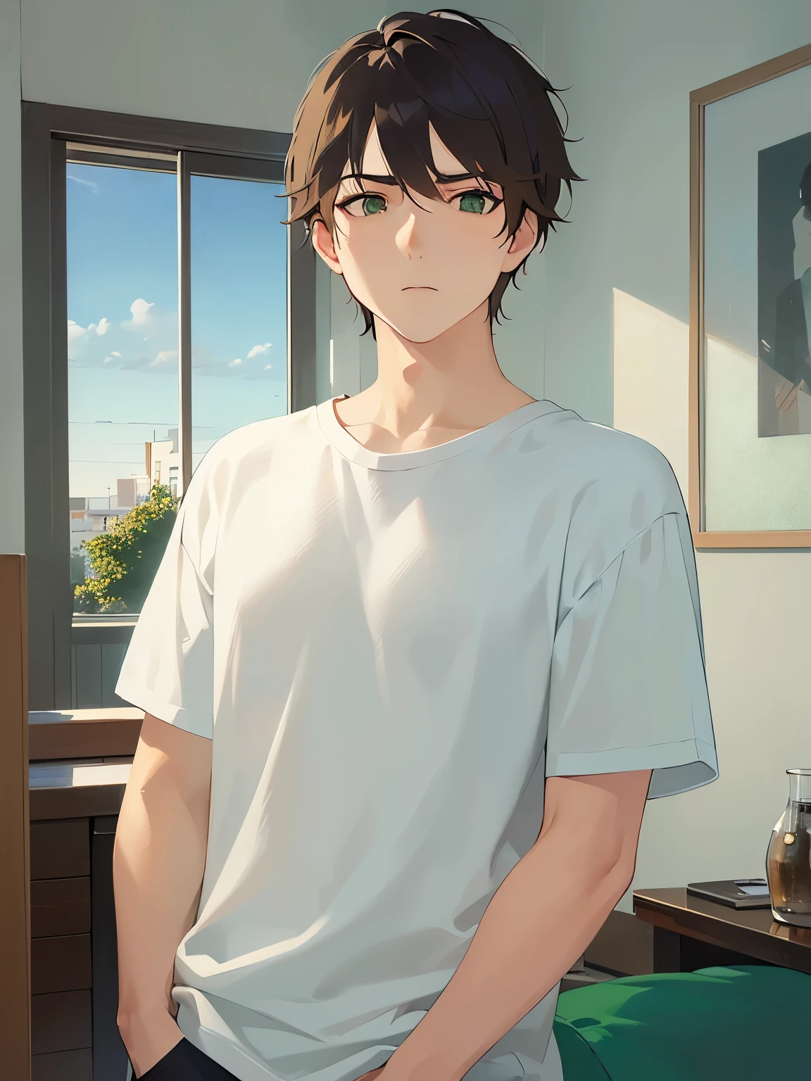 side angle, (looking away:1.5), upper body、masterpiece、Highest quality、(2 male:1.5) and (Brown short hair) and (Green Eyes), (White T-shirt)、confused、The background is the living room at night、alone、Are standing