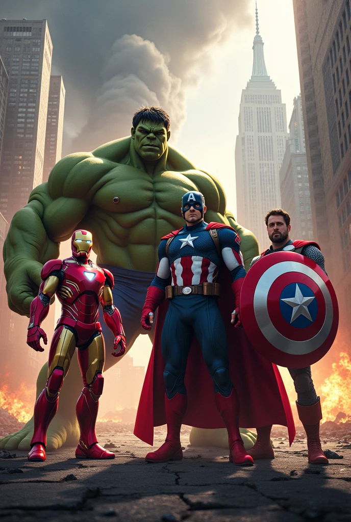 Iron man hulk and thor captain America in one image destroy city in background