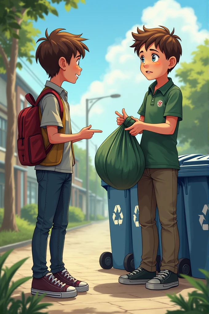 The protagonist approaches an adult (I could be a teacher, a father, or a park keeper) to ask what can be done with all the rubbish. The adult shows him a garbage bag and points to the different recycling bins that are empty..
