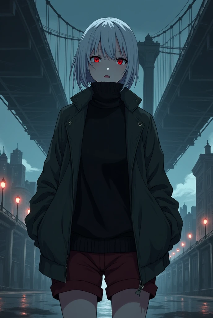 The image is anime style cowboy bebop and Darker than black with shadows and dim lights, anime style although somewhat adult and dark, It shows an albino woman with red eyes., very serious, who wears a thick black sweater and small dark red shorts. He has his hands in the pockets of his jacket.. is beautiful, is stopped, you can see his feet descalzos. Behind her, You see a huge city with a huge bridge that goes to the sky. stop, you can see his feet. short hair.