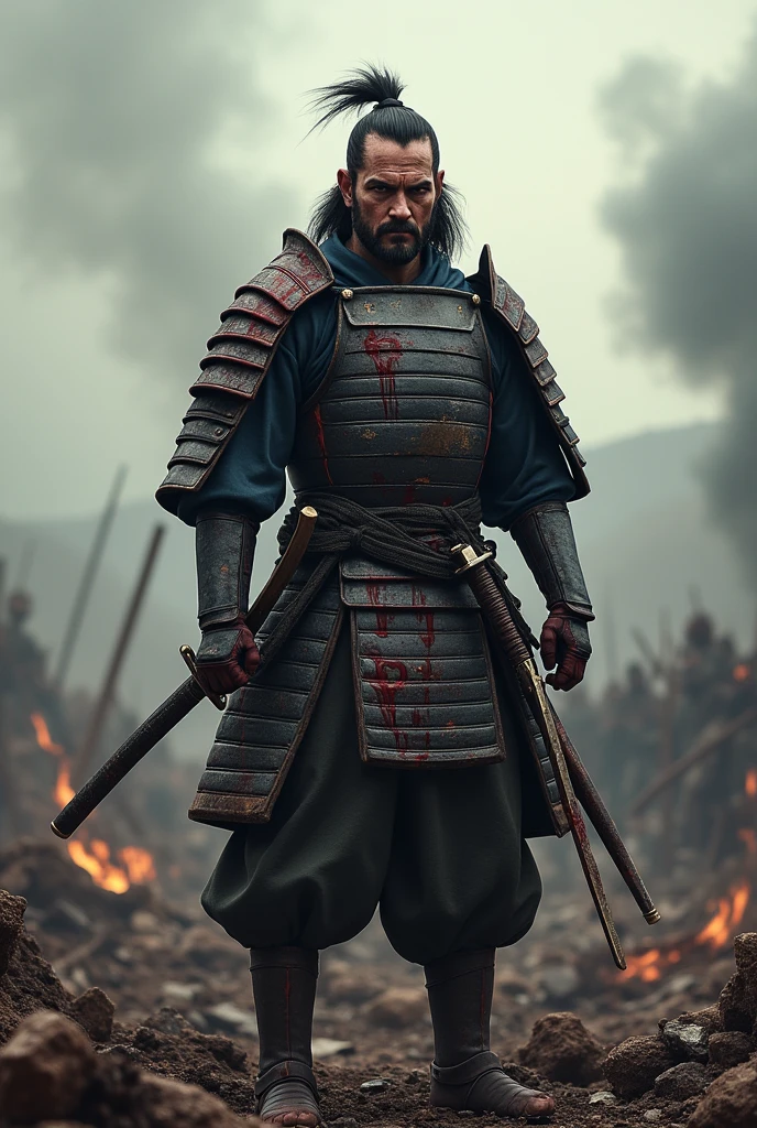 A heavily injured samurai standing in a battle field with holding katana
A caption written over his head "Men are Brave"
A caption written over his head 
And he is bleeding 