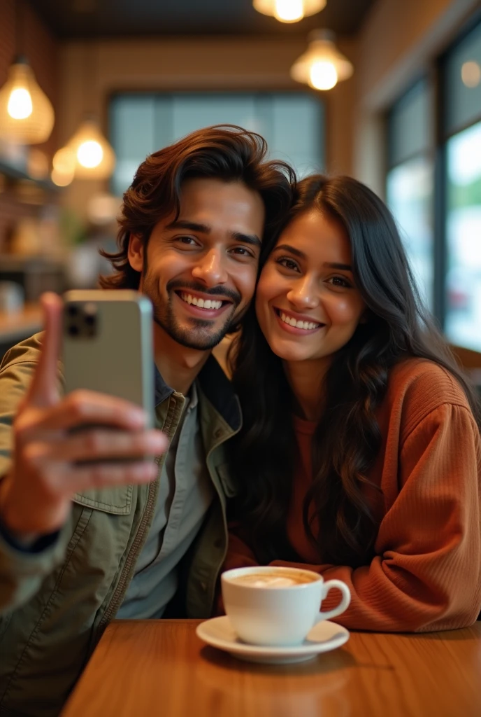 A 2 single indian girl with long hair,seating on table in a restaurant with the same age of her boyfriend with medium long hair and boy taking selfie. Generate a portrait image