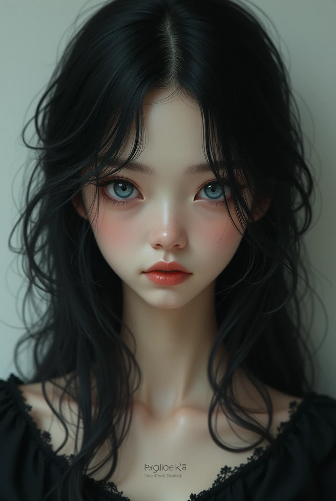 female, blue eyed black haired teen, oval face, straight chin