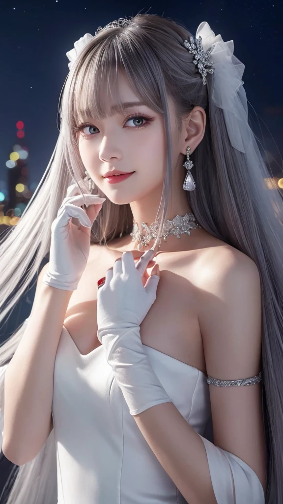 (Realistic painting style:0.9), masterpiece, Highest quality,  Absurd, View your viewers, alone, Bronya Zajczyk (Silver Wing N-EX), Bronya Zajczyk, Red pupils, One girl, alone, chest, Long Hair, dress, Grey Hair, chestの谷間, View your viewers, smile, Mouth closed, bangs, Grey Eyes, jewelry, 片手gloves, Earrings, white dress, gloves, Exposing shoulders, No sleeve dress, Drill Hair, No sleeve, One Sleeve, Hair between the eyes, large chest, Twin Drill, White sleeves, hair ornaments, Piece shoulders, city, night