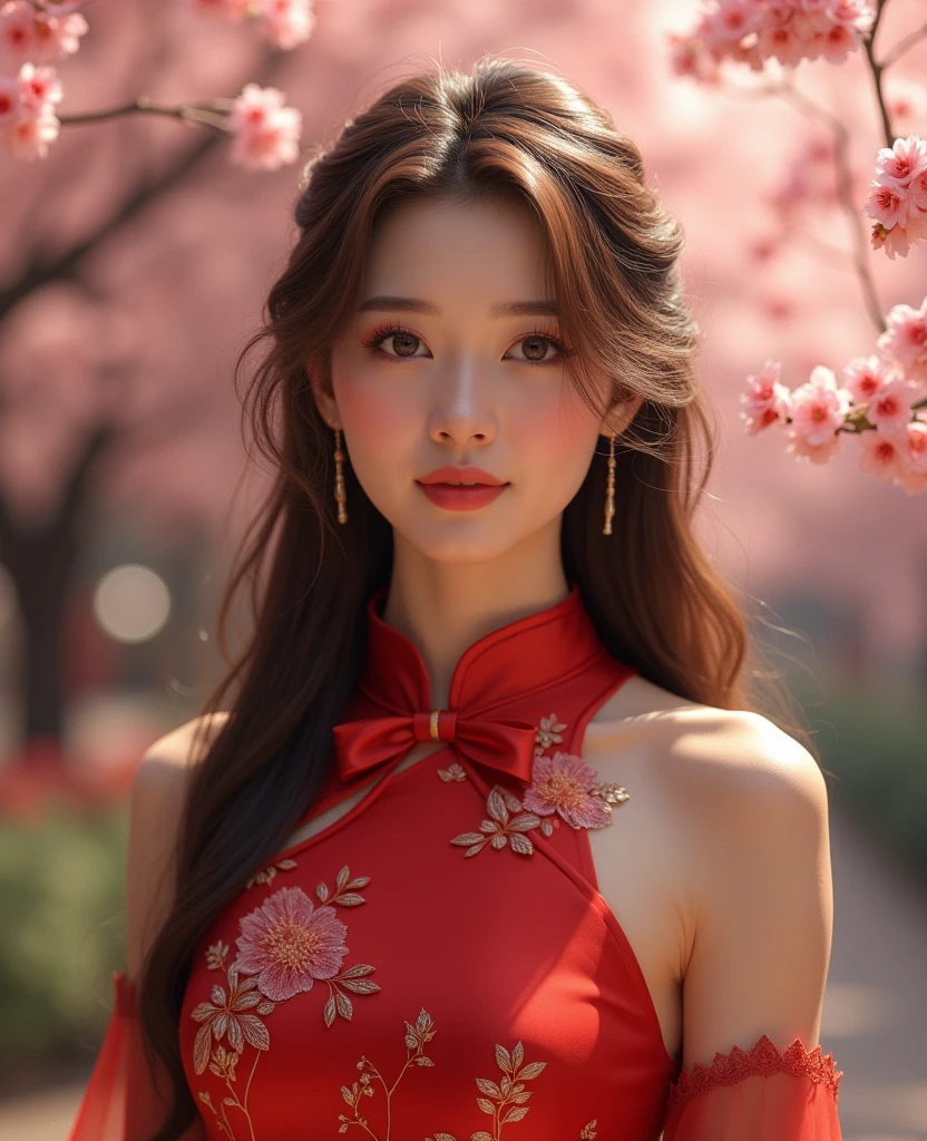 a beautiful young woman, 1girl, detailed face, beautiful eyes, long eyelashes, detailed lips, elegant expression, long brown hair, wearing a red cheongsam dress, beautiful skin, in a traditional Chinese garden setting with cherry blossom trees, natural lighting, photorealistic, highly detailed, 8k, (best quality:1.2), (realistic:1.37), cinematic lighting, intricate details, vibrant colors, delicate brushstrokes, oil painting style