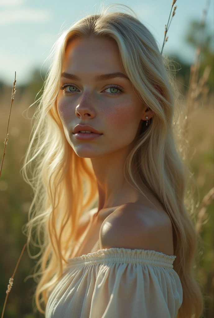 I need you to make a concept for an album with an open-air aesthetic with a thin American girl of approximately 1 with blonde hair and delicate features that is realistic as a real person in HD quality, away from the camera from the torso up. 
