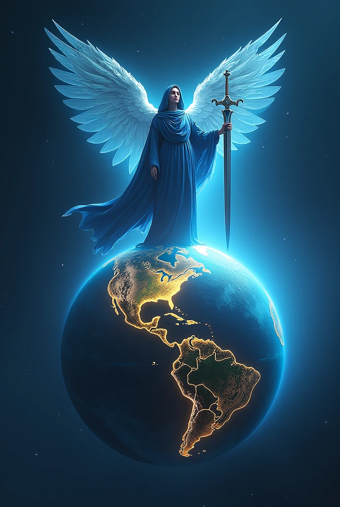 Design a planet Earth with blue light, highlight the map of Venezuela with gold and on this country place the figure of an Archangel dressed in a blue tunic and a sword in his hand