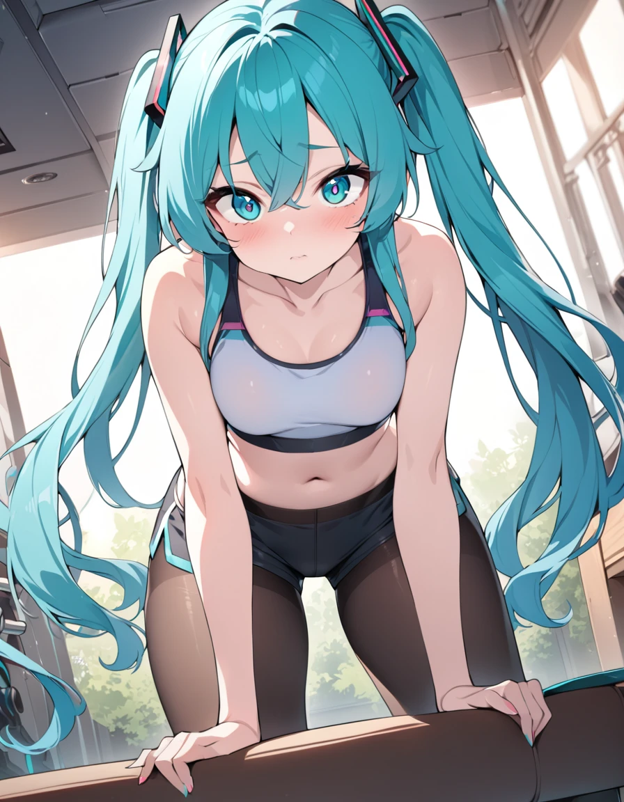 (masterpiece), (best quality), very detailed, HDR, 1 woman, focus only, skin dentition,Sports bra,shorts,pantyhose, perfect face, puffy face, beautiful face, big eyes, puffy eyes, perfect eyes, Eyelashes,Hatsune Miku,very detailed 얼굴,