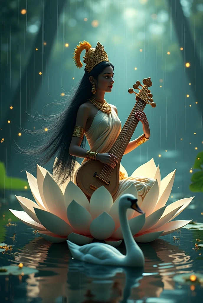 Cool cinematic animated character art, Silhouette of indian godess Saraswati sitting on a giant white lotus in a pond, multiple arms, playing musical instrument-'veena' , wearing indian golden crown, saree, white flower garlands, luscious hair flowing in air, a swan in the pond, calm expression, glowing fireflies in air, rainy storm, cinematic lighting, darkness in atmosphere, tree leaves floating, colour graded, vibrant, 4khd