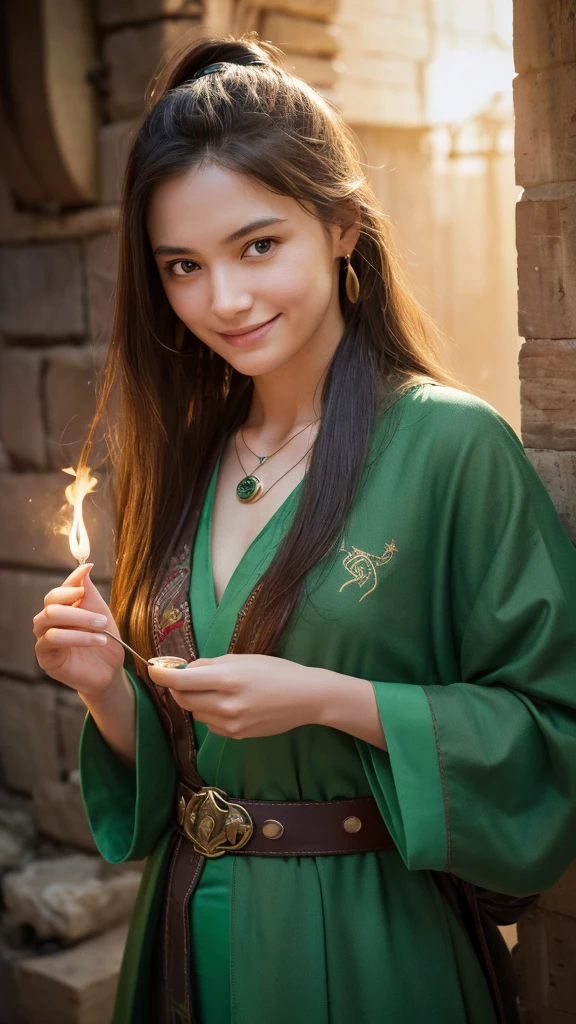 Illustration of a colorful portrait, (attractive female as a Wizard, ponytail, wear_length_Flowing_green_Complicated_Embroidered_Wizard_Robe), (necklace, Pouch, belt, smile, Very detailed face, masterpiece, Highest quality), Very detailed, (In the dungeons), magician_Grams, (A circle of large glowing runes), Fire and Ice, Casting a Spell, Ultra-high resolution, Alexandre Karame、Alyssa Monks、Shigeru Ban