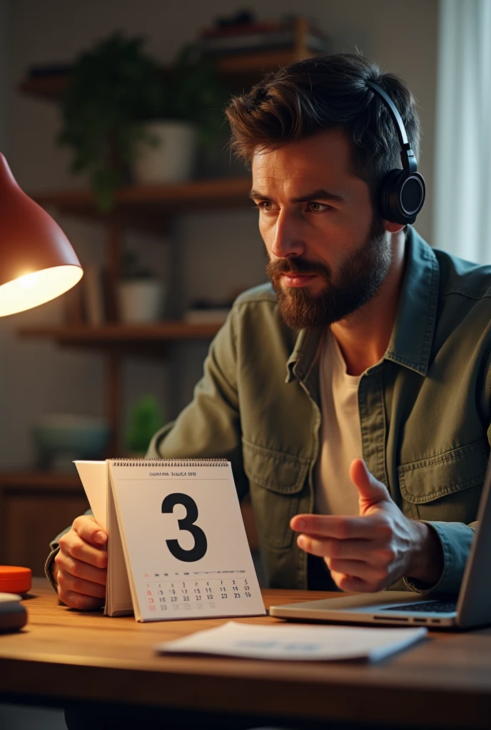 A man flips through a calendar. On the calendar sheet the date is September 3. Home environment. Laptop and headset on the table