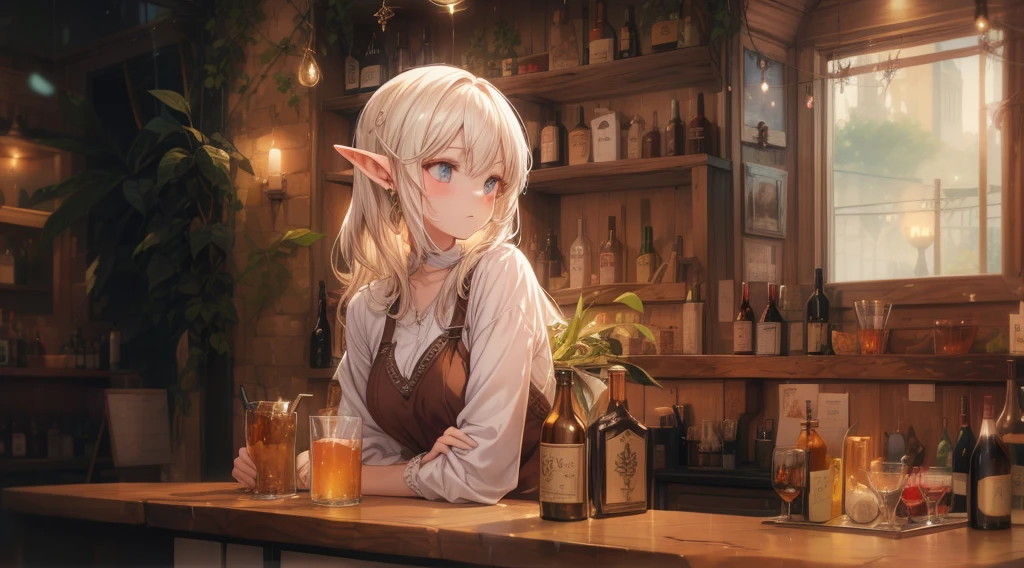 A cozy, stone-built elven bar with an elegant elf bartender preparing a drink for a customer, depicted in an anime style. The elf has delicate features, long flowing hair, and pointed ears. The bar is warmly lit by candlelight, with vintage bottles and glasses lining the wooden counter. The atmosphere is serene and inviting, perfect for a calm evening. The anime style adds a touch of fantasy and whimsy, capturing the magical and mystical nature of the elven world.