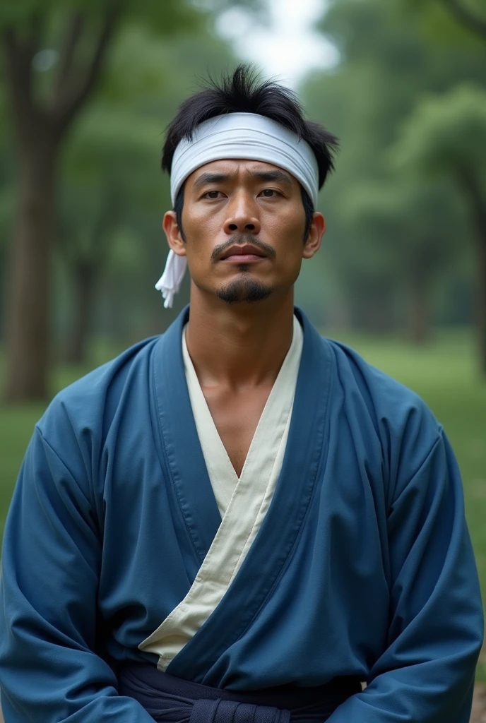 anime、Photographer's POV、Chest to head、male、Around 40 years old、Muscular build、Square face、Round Nose、short hair、No bangs、Black Hair、Blue Jinbei、White headband、Praying