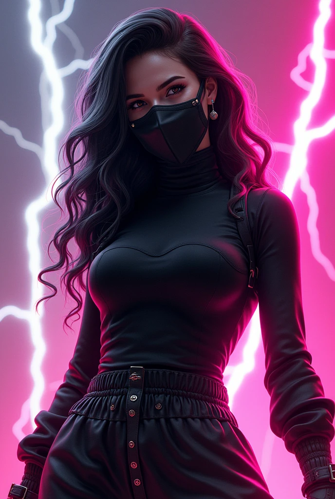 Free fire game style female character, featuring. long curly hair. With a black mask and a black turtleneck . So"Written" . With white lightning pink background 12 years