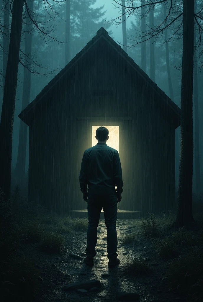 A scene depicting a man standing directly in front of a cabin door in a dark, ominous forest. The man is drenched, as if caught in a heavy rain, and is facing the door, waiting for it to open. The weather is drizzly, obscuring the man's face, adding to the eerie atmosphere. The surrounding environment is pitch dark and menacing, with the cabin isolated in the middle of the forest. The entire scene is shrouded in a chilling, gloomy ambiance, as if something terrifying is about to happen, Realistic.