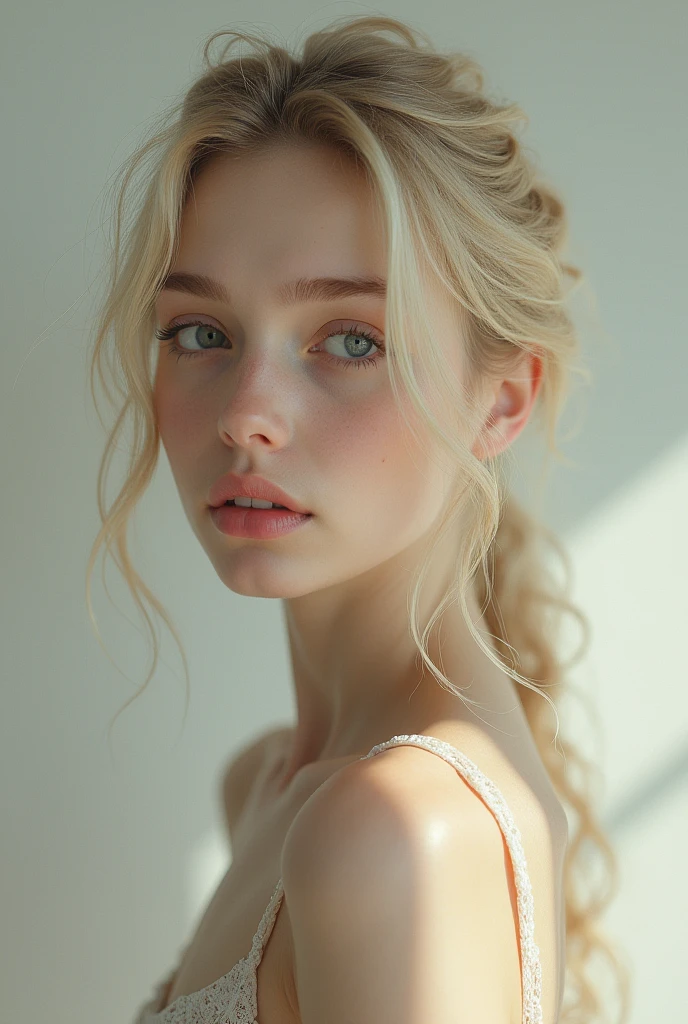 I need you to make a concept for an album with a soft aesthetic with a thin American girl of approximately 1 with blonde hair and delicate features that is realistic like a real person in HD quality, away from the camera from the torso up.