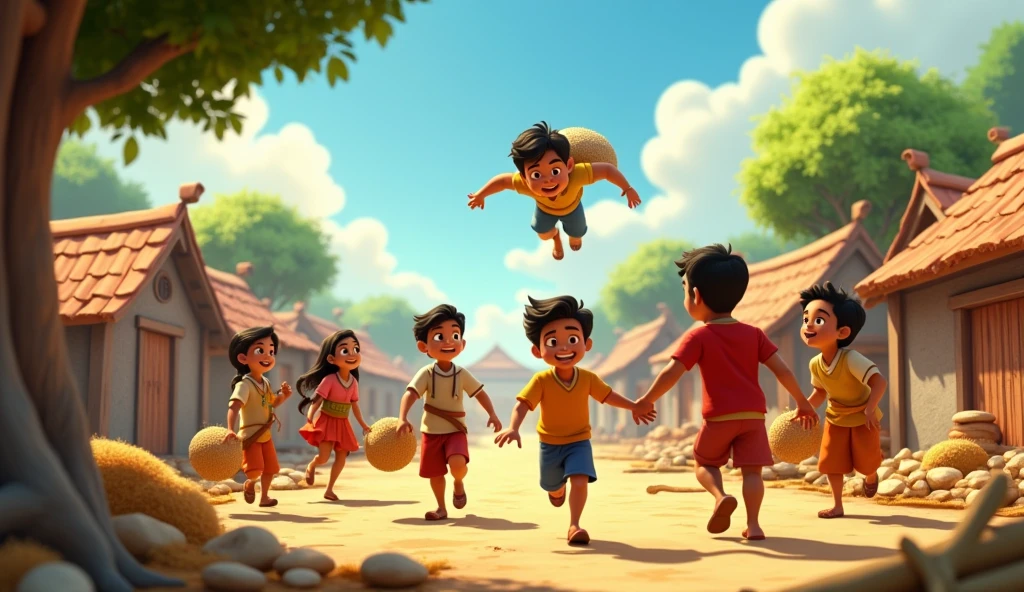 3D Animation Cartoon"Rohaan and his friends use their powers to help villagers in various ways. One child runs rapidly, carrying heavy sacks of grain from one end of the village to the other. Another lifts large fallen tree branches, while Rohaan flies overhead, observing and guiding his friends. Villagers, standing nearby, look on in amazement, their faces filled with gratitude. The scene is bustling with activity, as the children use their powers to fix broken homes, carry supplies, and clear debris. The lighting is bright and warm, conveying a sense of teamwork and community as everyone works together to restore the village"