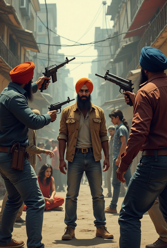 Four indiam gangsters having guns fighting a casually dressed sikh wearing turban angrily on indian street behind the sikh is a vulnerable 25years girl in very sad mood sitting on ground crying