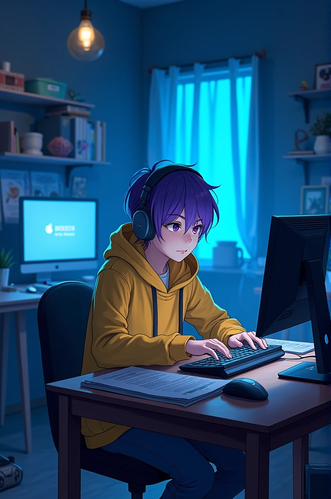 8k photo portrait of a stunning Asian boy with violet hair in a yellow hoodie wearing headphones, working on a computer, sitting on Table in her cozy messy big room with lots of blue lights at night, Highly Detailed, studio ghibli, akira toriyama, james gilleard, genshin impact, trending pixiv fanbox, acrylic palette knife, 4k, vibrant colors, zoom out