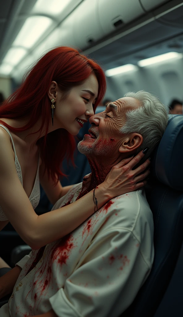 (((photorealistic:1.4))), ultra realistic, pores, (((masterpiece))),high quality, ultra details, realistic white skin beautiful face pretty korean idol girl showing very long sharp black shiny fingernails, sitting next to tired expression of realistic ugly old man tied up on the bed with throat ripped, show organs, rope on the neck, scratch mark, blood splatter everywhere, extreme ????, looking at camera, night, luxury modern hotel room with ??????? device on the table, high key, bright, people arround