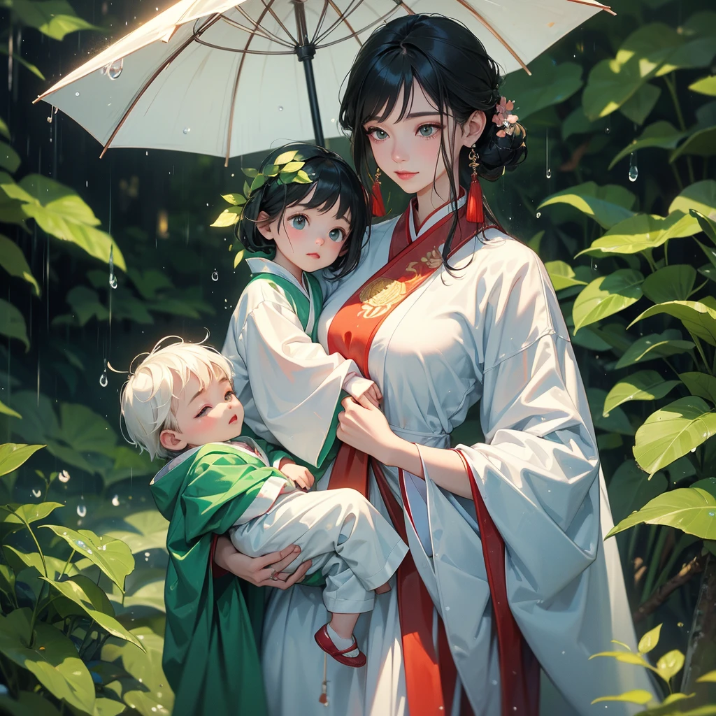 A one-year-old baby boy in an ancient Chinese baby costume with his beautiful mother, dressed in an white ancient Chinese costume, playing with each other, with his handsome father standing next to his mother, close up.
Stand holding an umbrella to protect from the rain. Rain fell and splashed around. There are water droplets falling on the leaves in the surrounding area, green and moist, the atmosphere after rain.