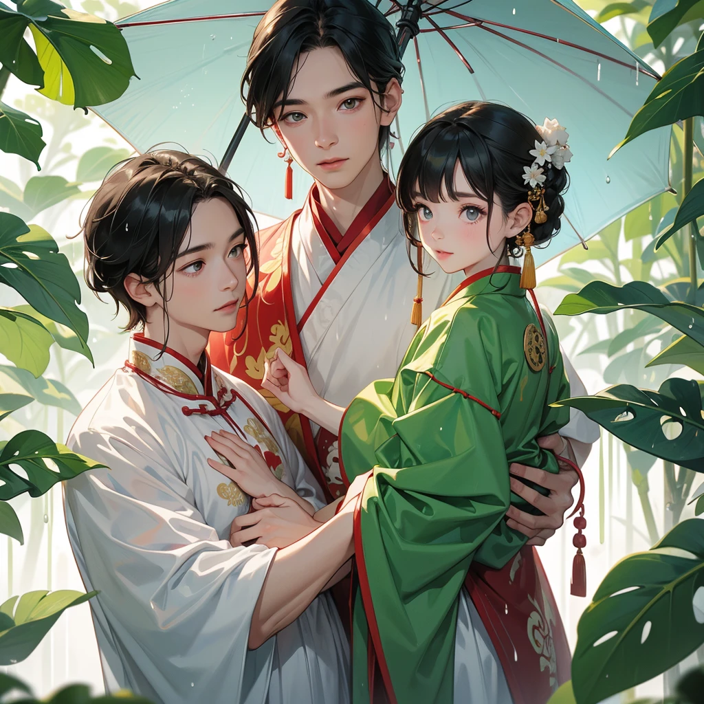 A one-year-old baby boy in an ancient Chinese baby costume with his beautiful mother, dressed in an white ancient Chinese costume, playing with each other, with his handsome father standing next to his mother, close up.

Stand holding an umbrella to protect from the rain. Rain fell and splashed around. There are water droplets falling on the leaves in the surrounding area, green and moist, the atmosphere after rain.